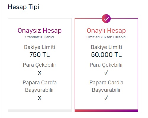 papara onayli hesap onaysiz hesap limitleri