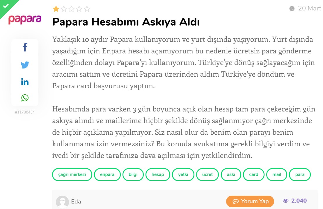 papara hesabımı askıya aldı, papara şikayet